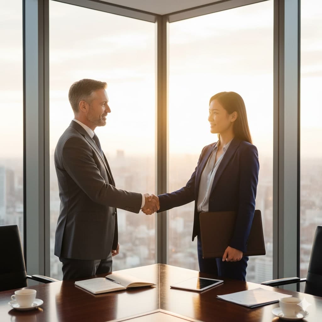 Eurasian private banker — warm, approachable